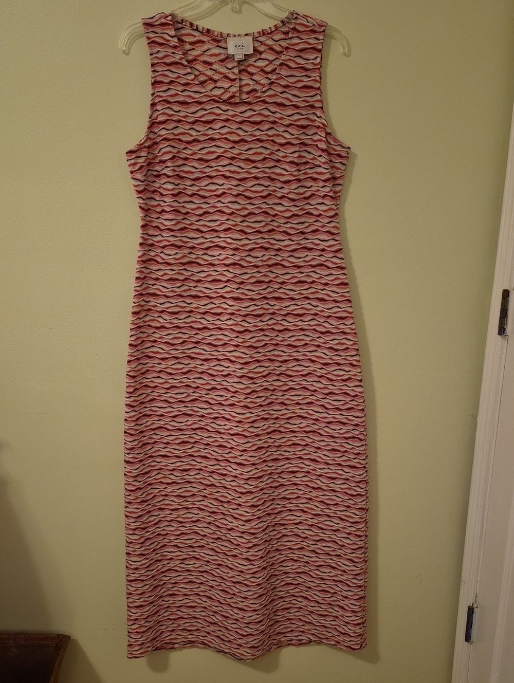 ECI Sleeveless Red/Pink/Beige Wave-Print Maxi Dress, Cruise/Beach Wear, L